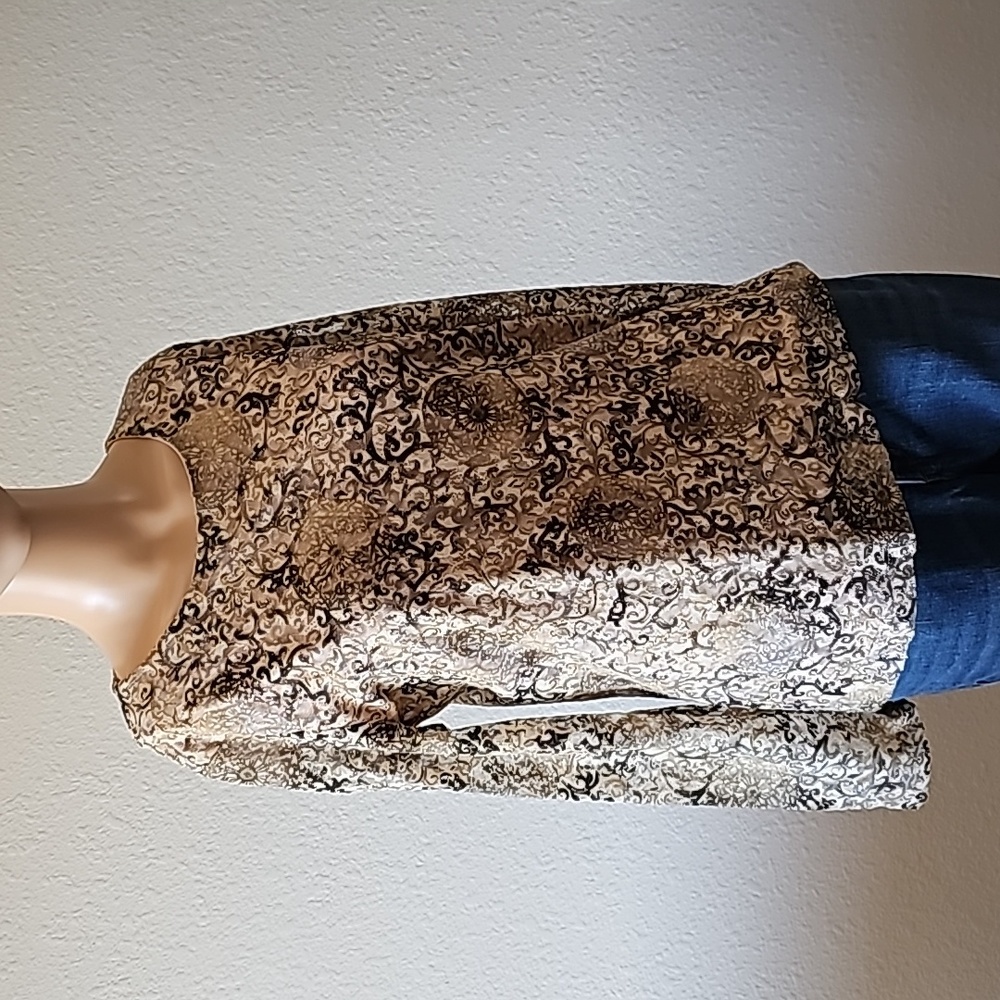 Vintage Chico’s Additions Beige Black Gold Thread Shimmer Sheer Blouse Size 1